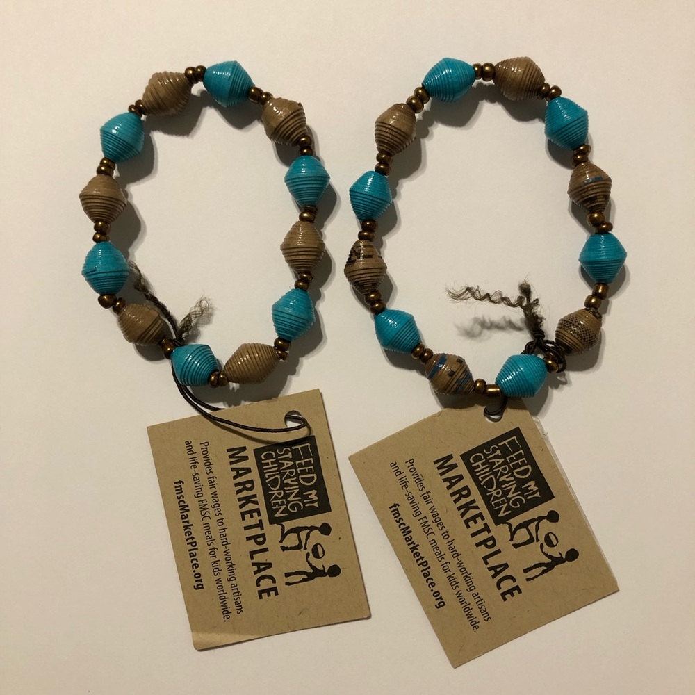 FMSC Women’s Handmade Paper Bead Light Blue & Light Brown Bracelets (2 items)